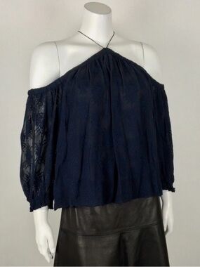 Rebecca Taylor is 100% Silk Navy Off-Shoulder Long sleeve Lace Blouse Size 2